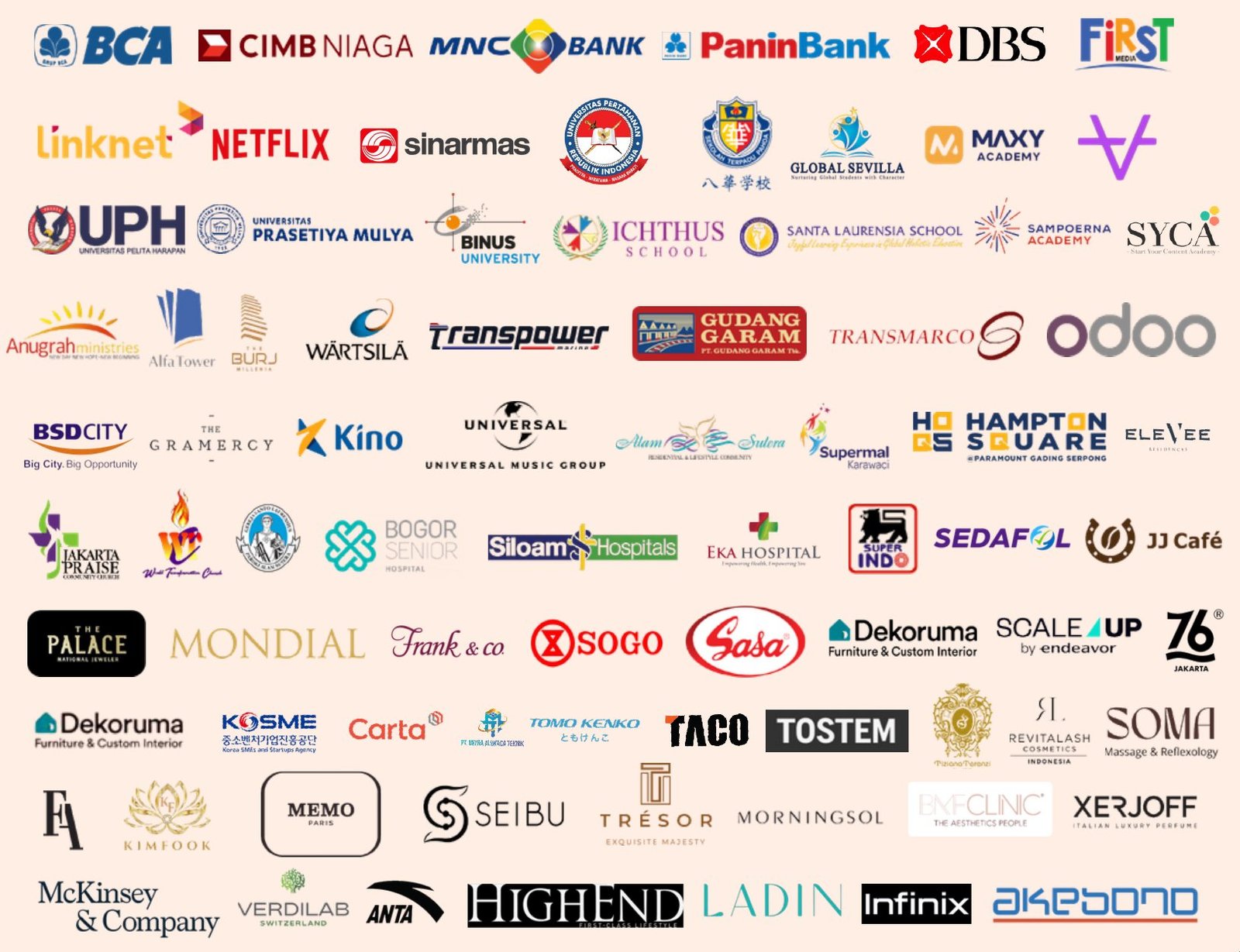Logos of Deliz clients including BCA, CIMB Niaga, Netflix, UPH, Siloam Hospitals, Gudang Garam, Odoo, Universal Music Group, McKinsey & Company and more