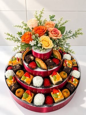 Tiered food hamper with flowers